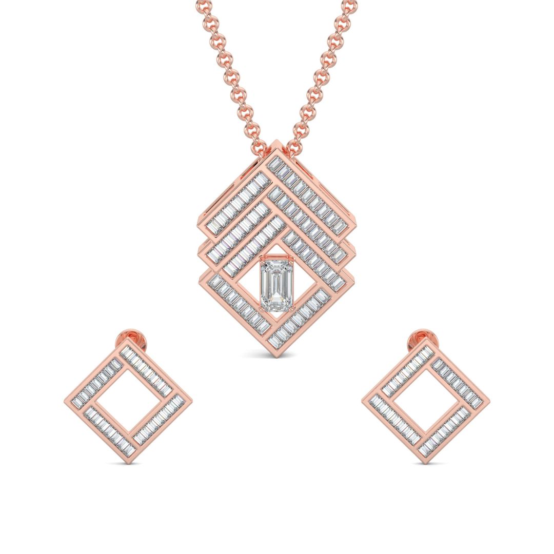 Rose Gold, Diamond Pendant, Natural Diamonds, Lab-grown Diamonds, Brilliant cube pendant set, emerald cut diamond pendant, baguette diamond border, casual pendant set, diamond earrings