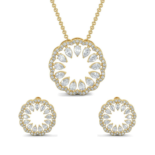 Yellow Gold, Diamond Pendant, Natural Diamonds, Lab-grown Diamonds, blossom pendant set, flower pendant set, casual jewelry, round diamond border, pear diamond center, stud earrings, elegant jewelry set