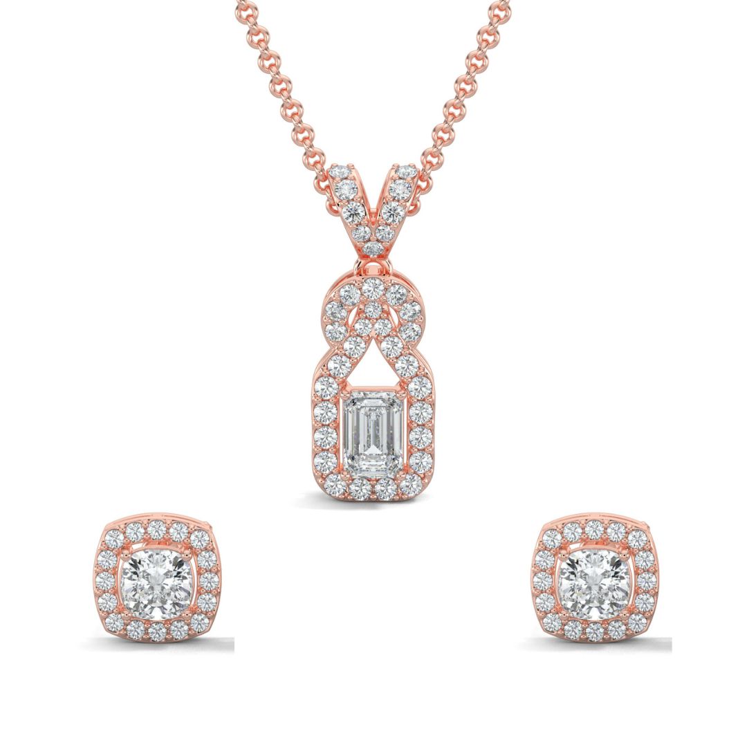 Rose Gold, Diamond Pendant Set, Natural diamond pendant set, Lab-grown diamond pendant set, Knot-shaped diamond pendant set with emerald-cut center, round diamonds, and small square halo diamond stud earrings