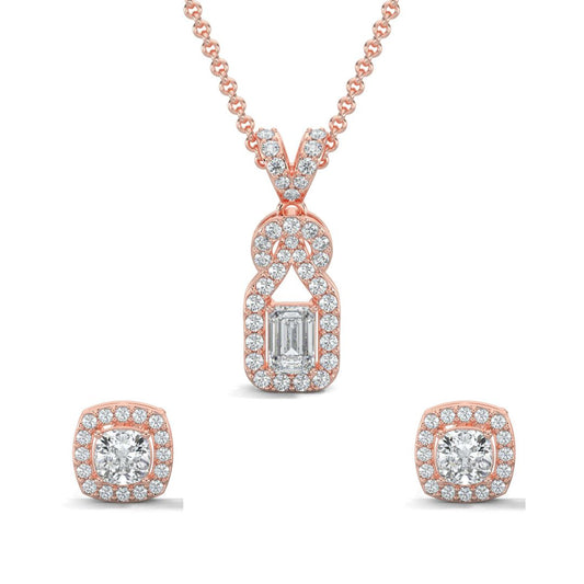 Rose Gold, Diamond Pendant Set, Natural diamond pendant set, Lab-grown diamond pendant set, Knot-shaped diamond pendant set with emerald-cut center, round diamonds, and small square halo diamond stud earrings