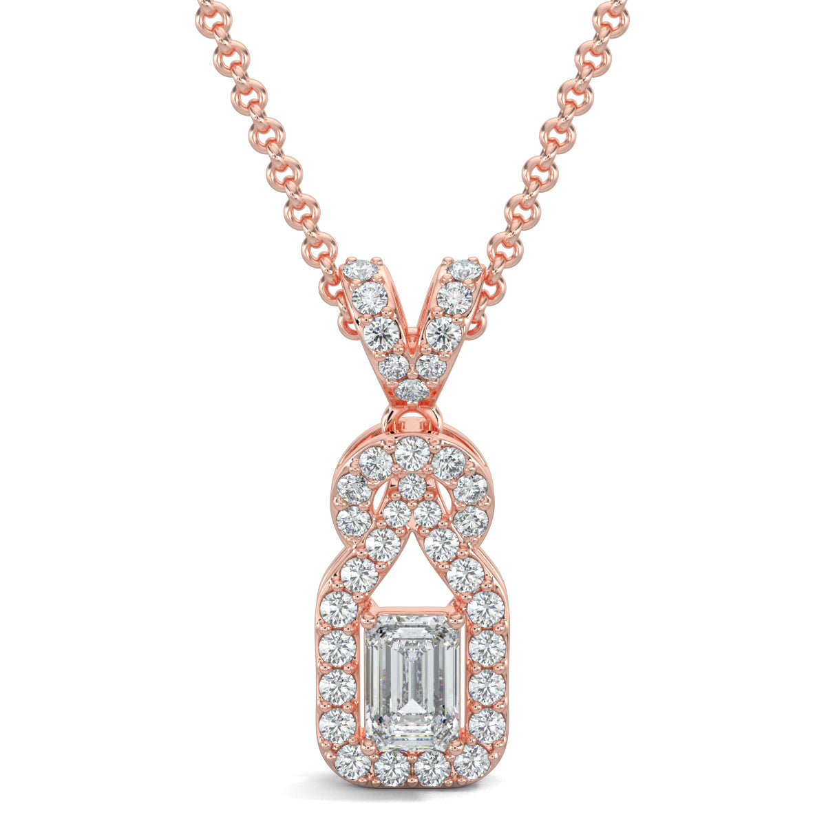 Rose Gold, Diamond Pendant Set, Natural diamond pendant set, Lab-grown diamond pendant set, Knot-shaped diamond pendant set with emerald-cut center, round diamonds, and small square halo diamond stud earrings