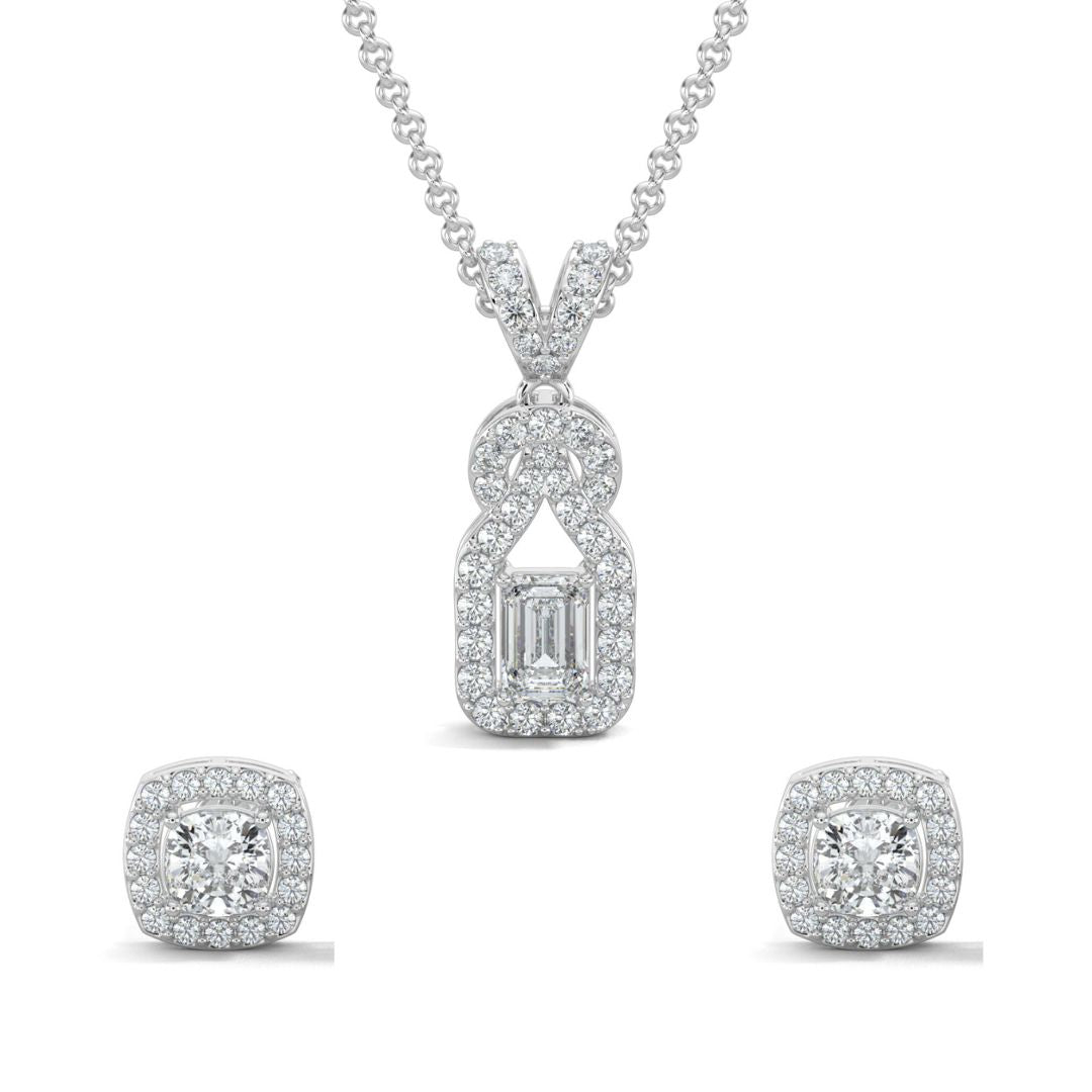 White Gold, Diamond Pendant Set, Natural diamond pendant set, Lab-grown diamond pendant set, Knot-shaped diamond pendant set with emerald-cut center, round diamonds, and small square halo diamond stud earrings