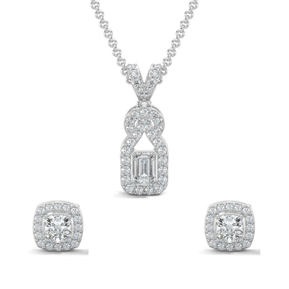 White Gold, Diamond Pendant Set, Natural diamond pendant set, Lab-grown diamond pendant set, Knot-shaped diamond pendant set with emerald-cut center, round diamonds, and small square halo diamond stud earrings