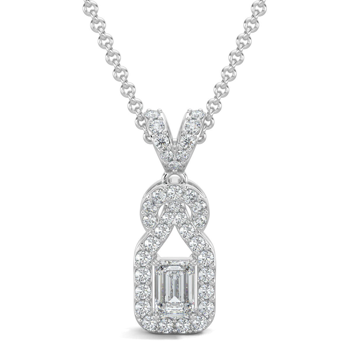 White Gold, Diamond Pendant Set, Natural diamond pendant set, Lab-grown diamond pendant set, Knot-shaped diamond pendant set with emerald-cut center, round diamonds, and small square halo diamond stud earrings