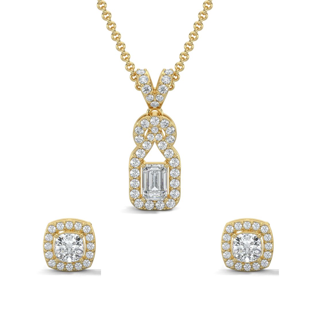 Yellow Gold, Diamond Pendant Set, Natural diamond pendant set, Lab-grown diamond pendant set, Knot-shaped diamond pendant set with emerald-cut center, round diamonds, and small square halo diamond stud earrings