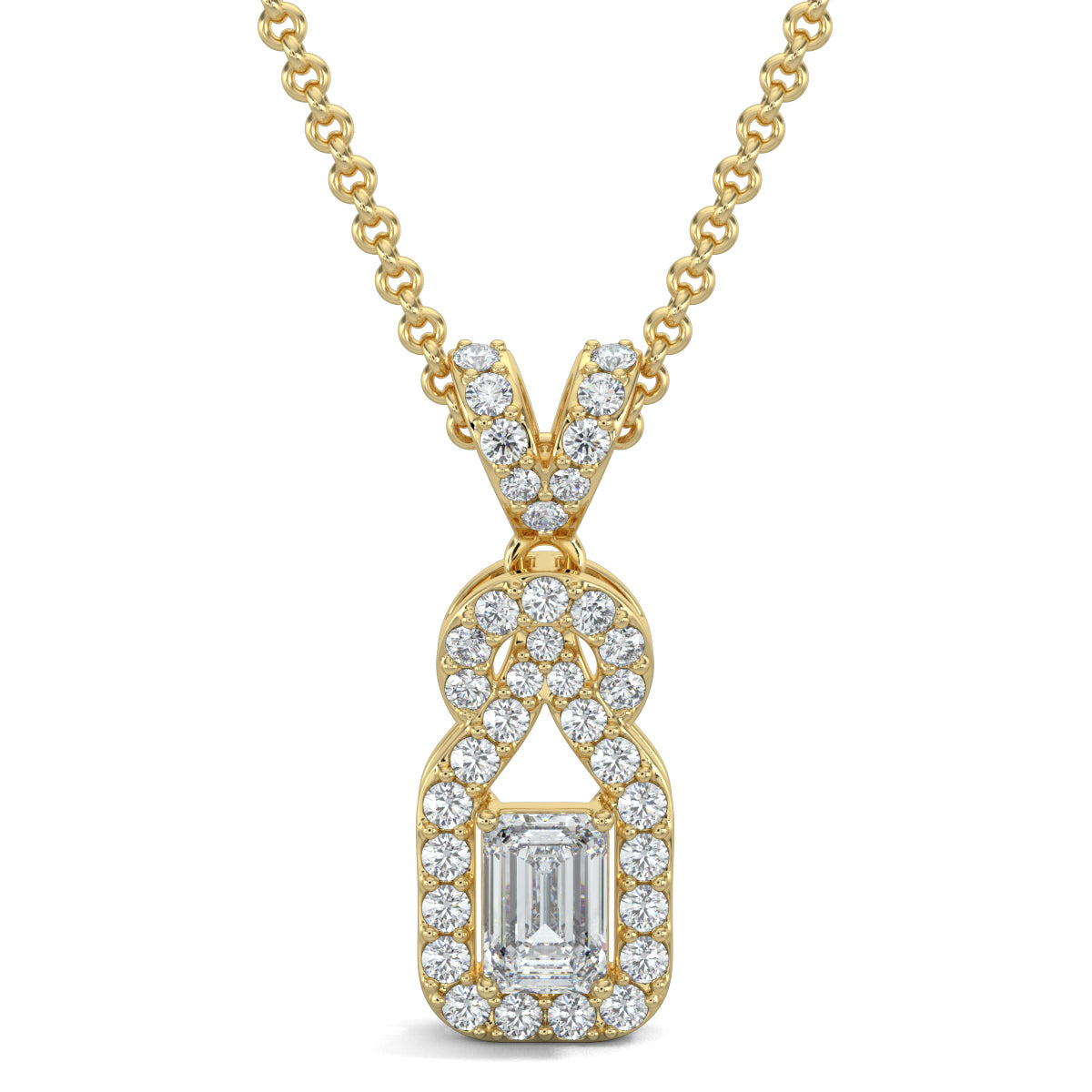 Yellow Gold, Diamond Pendant Set, Natural diamond pendant set, Lab-grown diamond pendant set, Knot-shaped diamond pendant set with emerald-cut center, round diamonds, and small square halo diamond stud earrings