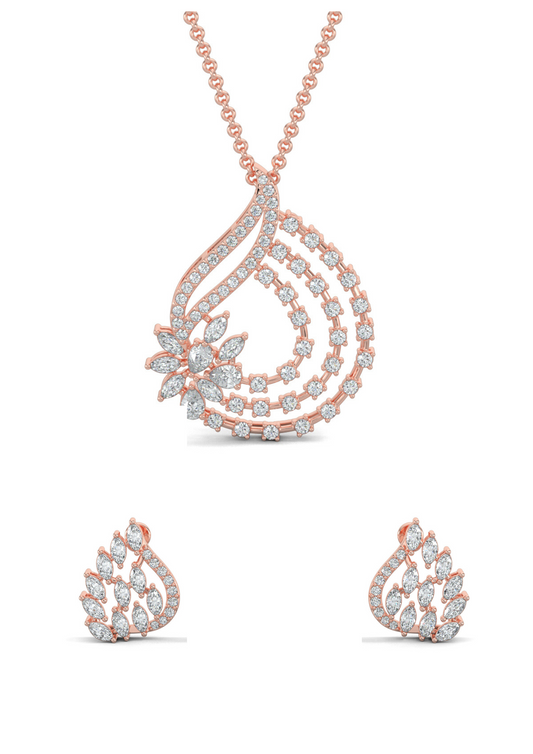 Rose Gold, Diamond Pendant, Natural Diamonds, Lab-grown Diamonds, serenity leaf pendant set, casual jewelry, round diamond border, stud earrings, elegant jewelry set