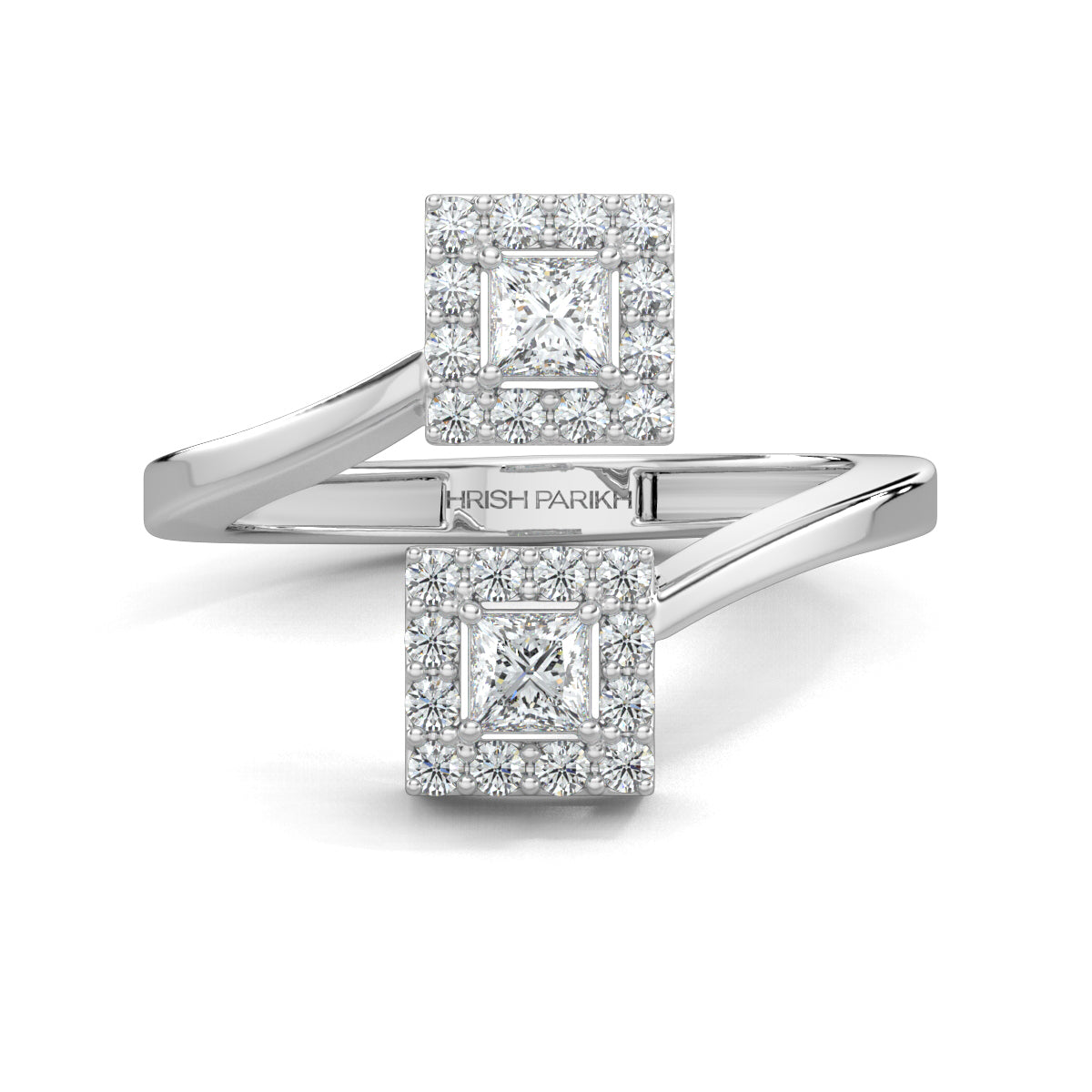 White Gold, Diamond Ring, Princess edge diamond ring, natural diamonds, lab-grown diamonds, everyday ring, pave setting, princess diamond, halo setting, bypass band ring, elegant jewelry.