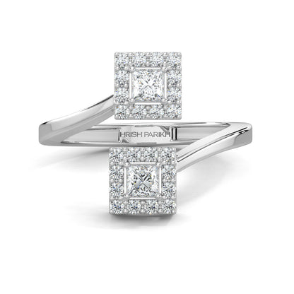 White Gold, Diamond Ring, Princess edge diamond ring, natural diamonds, lab-grown diamonds, everyday ring, pave setting, princess diamond, halo setting, bypass band ring, elegant jewelry.