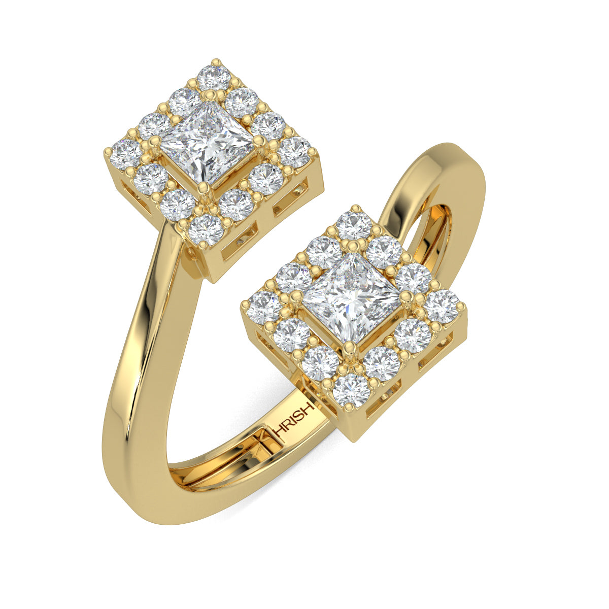 Yelllow Gold, Diamond Ring, Princess edge diamond ring, natural diamonds, lab-grown diamonds, everyday ring, pave setting, princess diamond, halo setting, bypass band ring, elegant jewelry.
