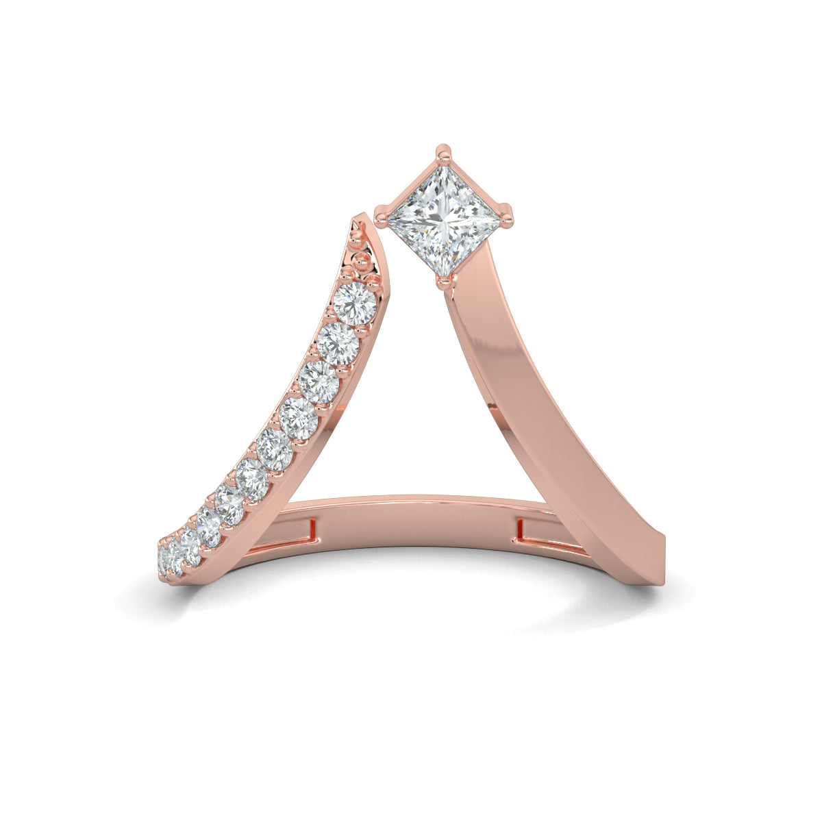 Rose Gold, Diamond Ring, Radiant Embrace Ring, Natural Diamond Ring, Lab-Grown Diamond Ring, Split Shank Band Ring, V-Shaped Ring, Round Diamond Ring, Princess-Cut Diamond Ring, Elegance, Romance, Contemporary Jewelry