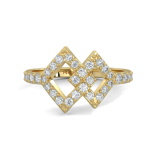 Yellow Gold, Diamond Ring, Natural diamond ring, Lab-grown diamond ring, intertwined diamond design, round diamond accents, unity symbol ring, elegant diamond band.