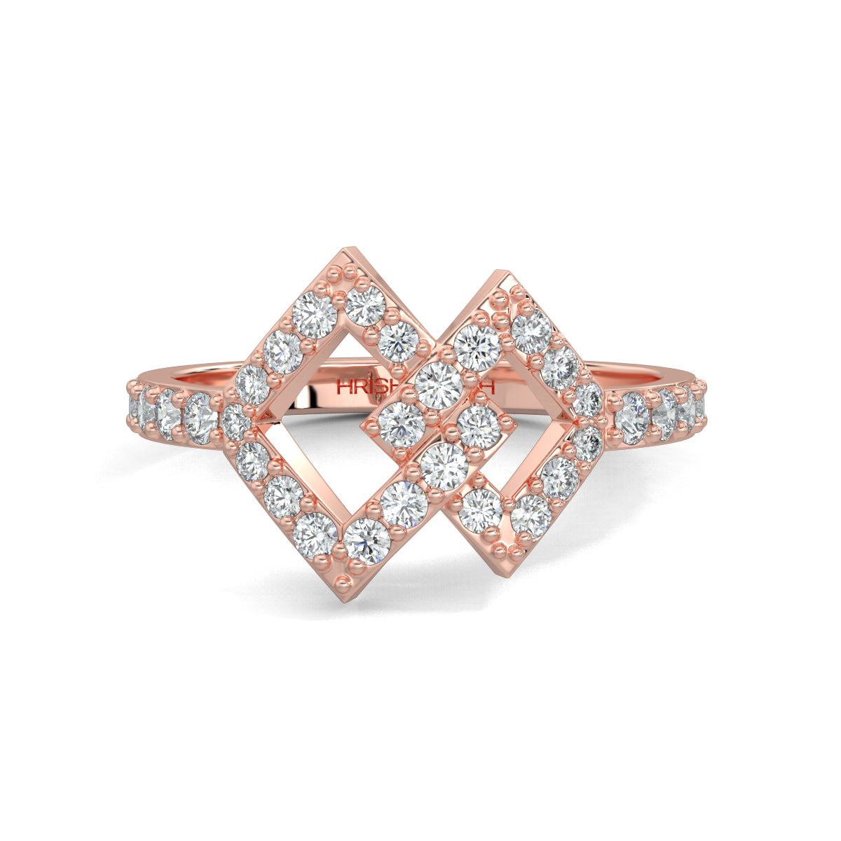 Rose Gold, Diamond Ring, Natural diamond ring, Lab-grown diamond ring, intertwined diamond design, round diamond accents, unity symbol ring, elegant diamond band.