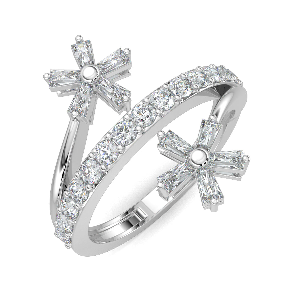 White Gold, Diamond Ring, Natural diamond ring, Lab-grown diamond ring, split shank diamond ring, everyday diamond ring, floral diamond ring, baguette diamond ring, diamond jewelry, luxury ring