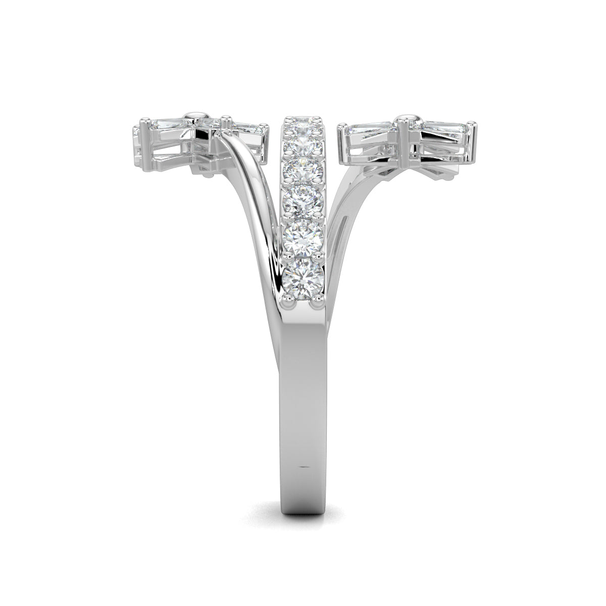 White Gold, Diamond Ring, Natural diamond ring, Lab-grown diamond ring, split shank diamond ring, everyday diamond ring, floral diamond ring, baguette diamond ring, diamond jewelry, luxury ring