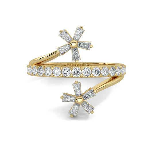 Yellow Gold, Diamond Ring, Natural diamond ring, Lab-grown diamond ring, split shank diamond ring, everyday diamond ring, floral diamond ring, baguette diamond ring, diamond jewelry, luxury ring