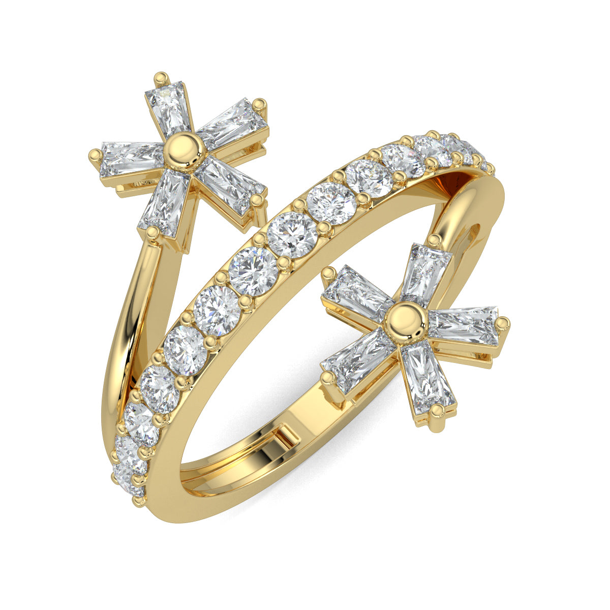 Yellow Gold, Diamond Ring, Natural diamond ring, Lab-grown diamond ring, split shank diamond ring, everyday diamond ring, floral diamond ring, baguette diamond ring, diamond jewelry, luxury ring