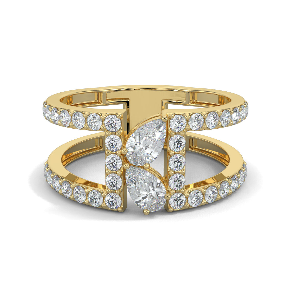 Yellow Gold, Diamond Ring, Natural diamond duet ring, Lab-grown diamond duet ring, everyday diamond band, pave set diamond stack ring, pear diamond accent, elegant jewelry accessory