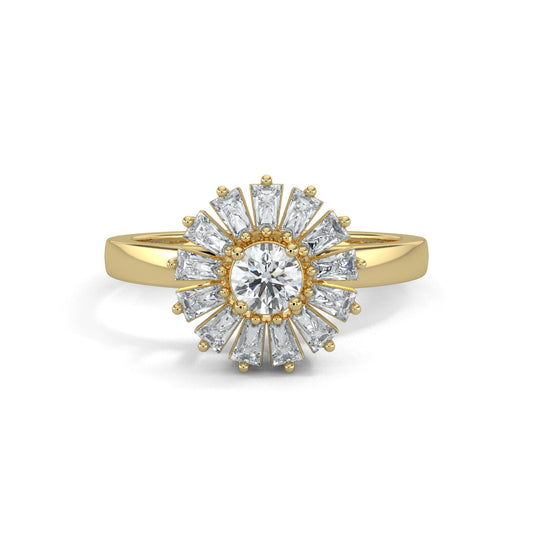 Yellow Gold, Diamond Ring, Natural diamond ring, Lab-grown diamond ring, enchantia floral ring, round diamond ring, baguette diamond ring, floral diamond ring, classic diamond ring, elegant diamond ring, versatile diamond ring