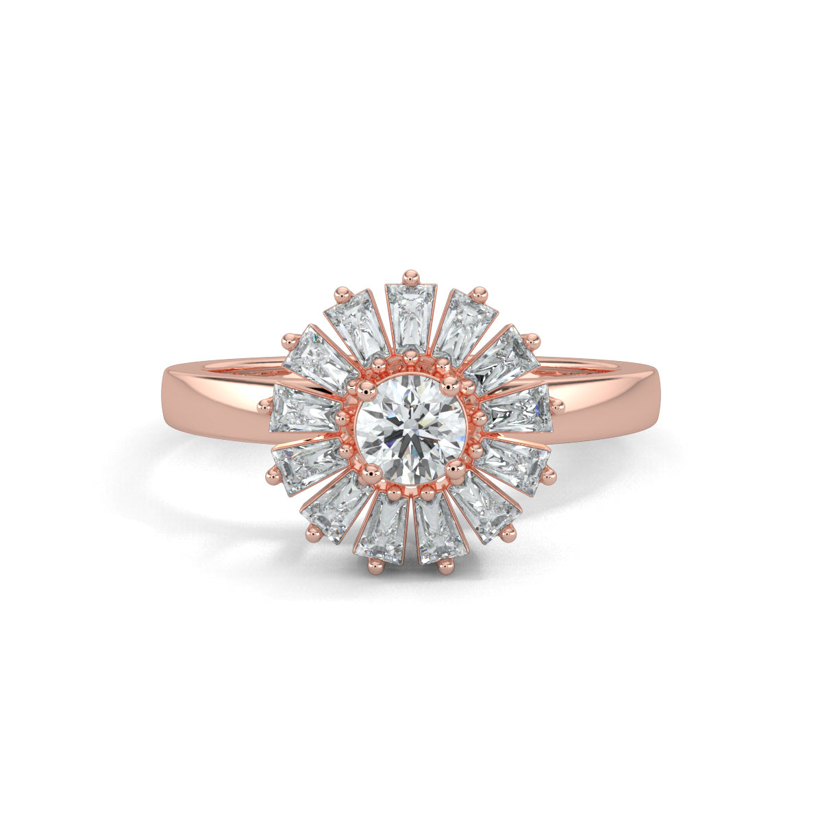 Rose Gold, Diamond Ring, Natural diamond ring, Lab-grown diamond ring, enchantia floral ring, round diamond ring, baguette diamond ring, floral diamond ring, classic diamond ring, elegant diamond ring, versatile diamond ring
