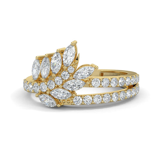Yellow Gold, Diamond Ring, Natural diamond ring, Lab-grown diamond ring, modern marquise diamond, split shank ring, contemporary diamond ring, round diamond, sustainable luxury jewelry