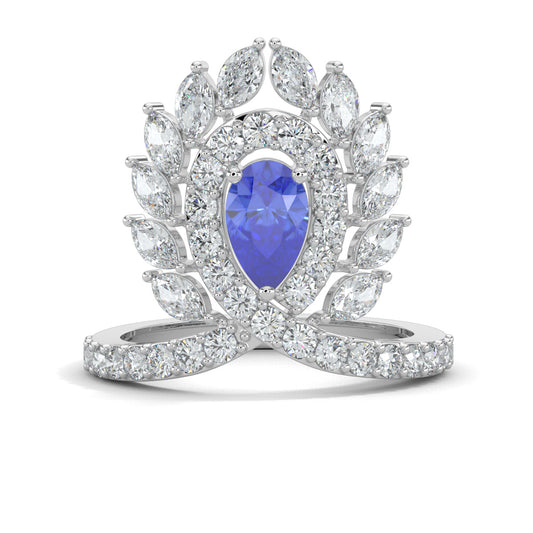 White Gold, Diamond Ring, Natural diamond ring, Majestic plume diamond ring, cocktail ring, lab-grown diamonds, blue sapphire diamond, pear-shaped diamonds, round diamonds, marquise diamonds, luxurious ring, statement jewelry