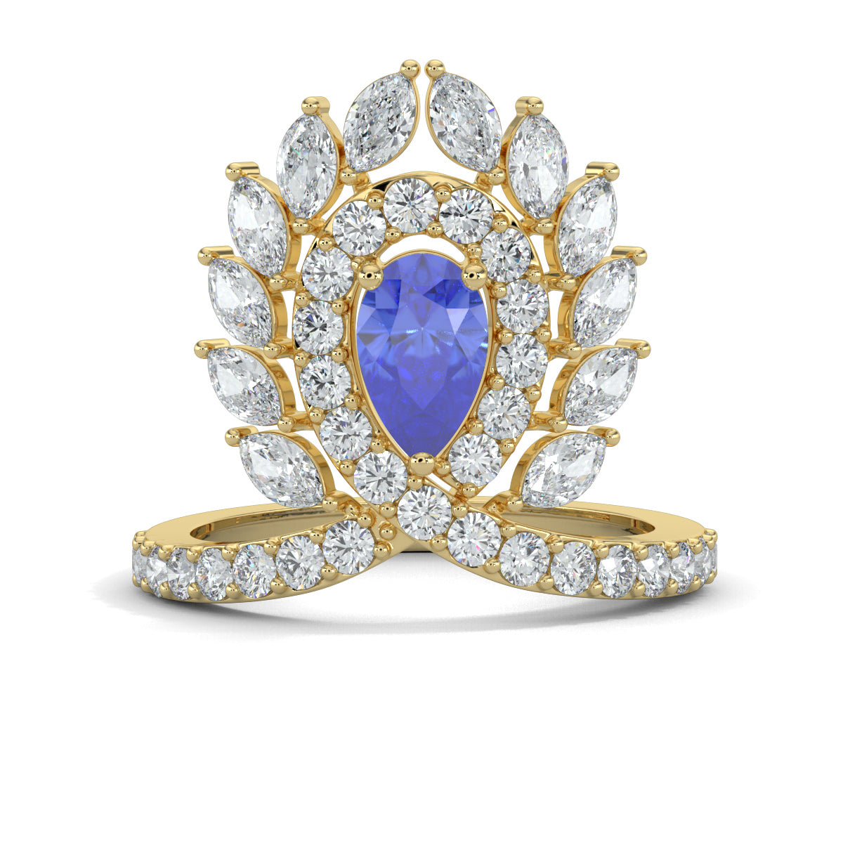Yellow Gold, Diamond Ring, Natural diamond ring, Majestic plume diamond ring, cocktail ring, lab-grown diamonds, blue sapphire diamond, pear-shaped diamonds, round diamonds, marquise diamonds, luxurious ring, statement jewelry