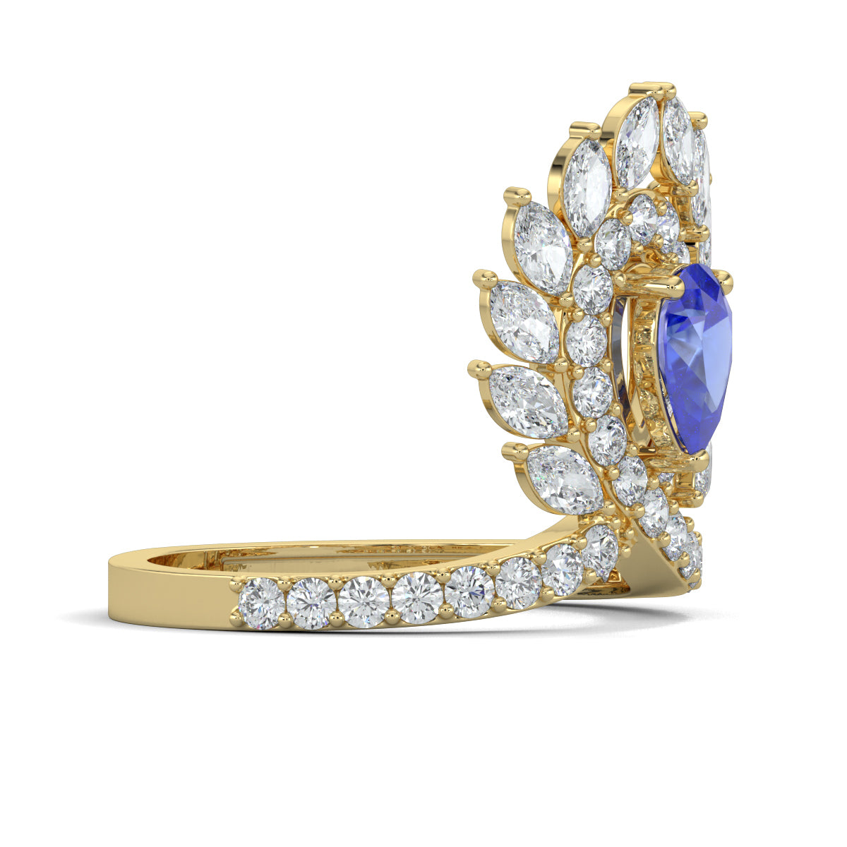 Yellow Gold, Diamond Ring, Natural diamond ring, Majestic plume diamond ring, cocktail ring, lab-grown diamonds, blue sapphire diamond, pear-shaped diamonds, round diamonds, marquise diamonds, luxurious ring, statement jewelry