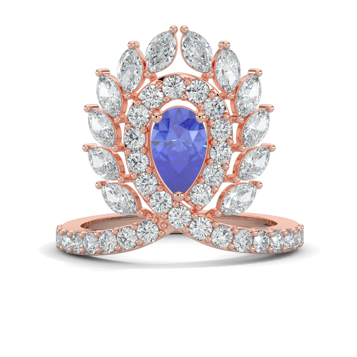 Rose Gold, Diamond Ring, Natural diamond ring, Majestic plume diamond ring, cocktail ring, lab-grown diamonds, blue sapphire diamond, pear-shaped diamonds, round diamonds, marquise diamonds, luxurious ring, statement jewelry