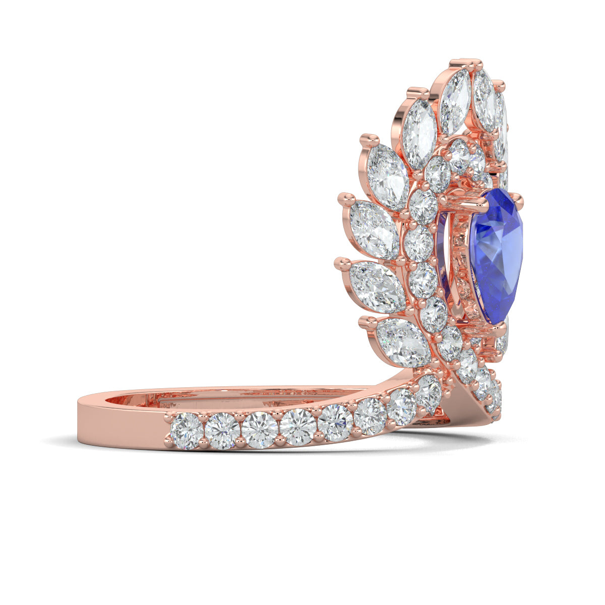 Rose Gold, Diamond Ring, Natural diamond ring, Majestic plume diamond ring, cocktail ring, lab-grown diamonds, blue sapphire diamond, pear-shaped diamonds, round diamonds, marquise diamonds, luxurious ring, statement jewelry