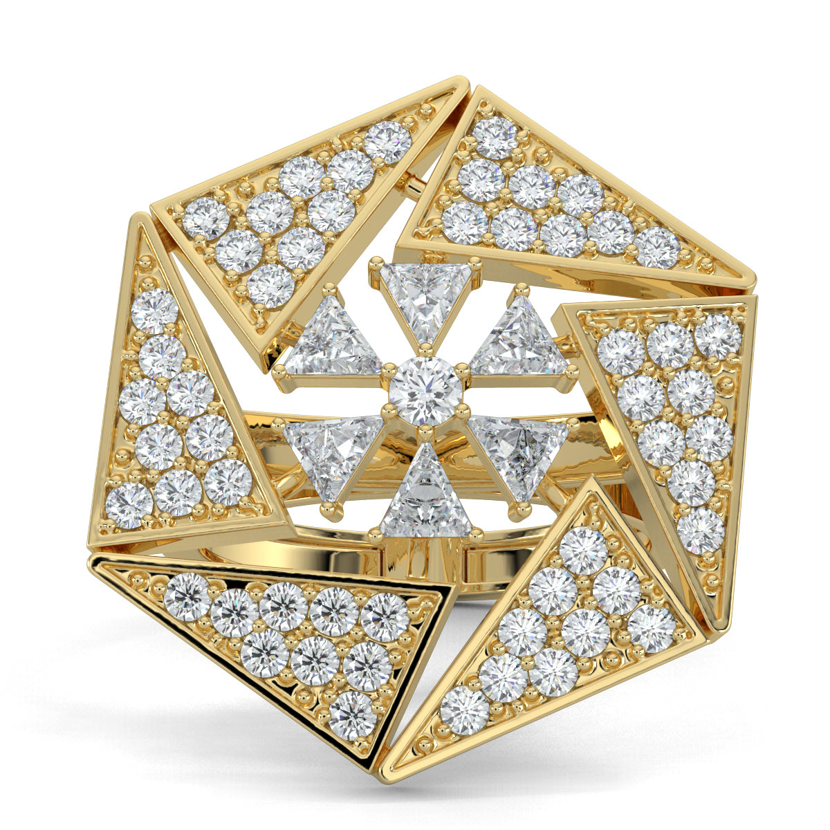 Yellow Gold, Diamond Ring, dazzling trilliant statement ring, natural diamonds, lab-grown diamonds, trilliant diamonds, round diamonds, cocktail ring, statement jewelry, luxury ring, bold sparkle ring