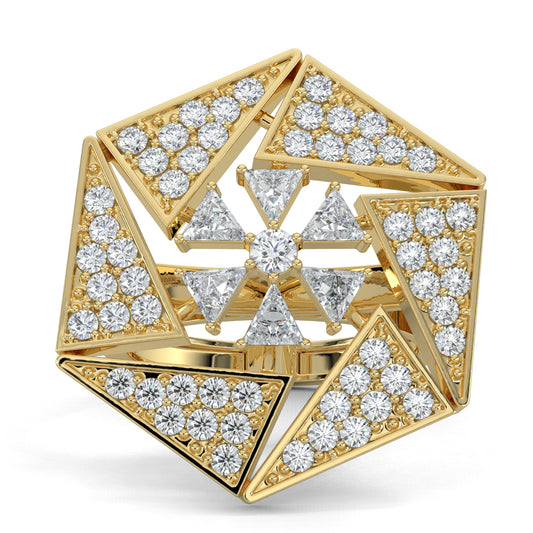 Yellow Gold, Diamond Ring, dazzling trilliant statement ring, natural diamonds, lab-grown diamonds, trilliant diamonds, round diamonds, cocktail ring, statement jewelry, luxury ring, bold sparkle ring