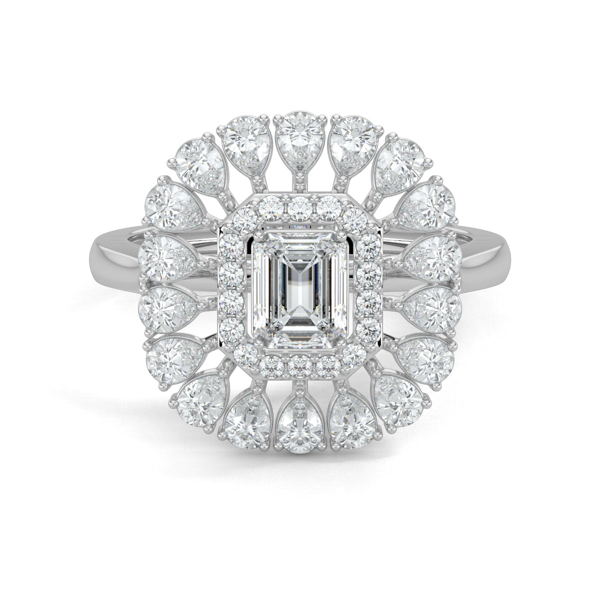 White Gold, Diamond Ring, natural diamond ring, lab-grown diamond ring, exquisite diamond ring, emerald shape diamond, round diamond border, pear-shaped diamond accents, elegant jewelry, statement ring, cocktail ring