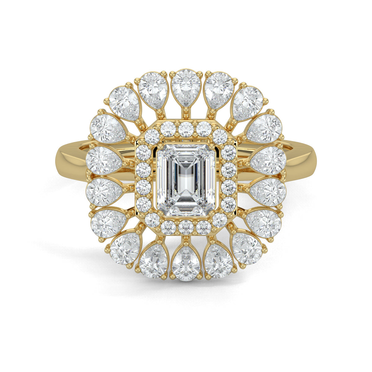 Yellow Gold, Diamond Ring, natural diamond ring, lab-grown diamond ring, exquisite diamond ring, emerald shape diamond, round diamond border, pear-shaped diamond accents, elegant jewelry, statement ring, cocktail ring
