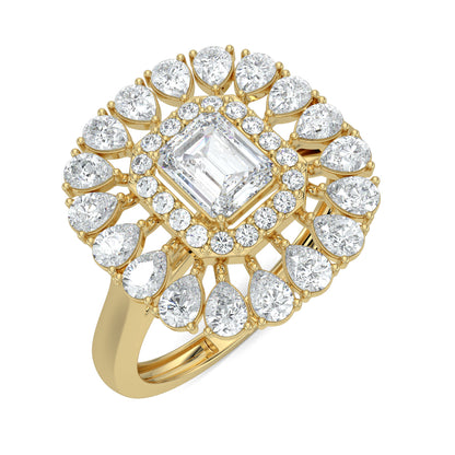 Yellow Gold, Diamond Ring, natural diamond ring, lab-grown diamond ring, exquisite diamond ring, emerald shape diamond, round diamond border, pear-shaped diamond accents, elegant jewelry, statement ring, cocktail ring
