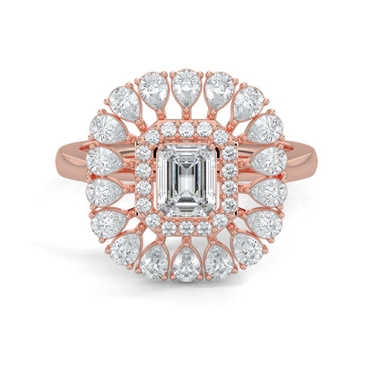 Rose Gold, Diamond Ring, natural diamond ring, lab-grown diamond ring, exquisite diamond ring, emerald shape diamond, round diamond border, pear-shaped diamond accents, elegant jewelry, statement ring, cocktail ring