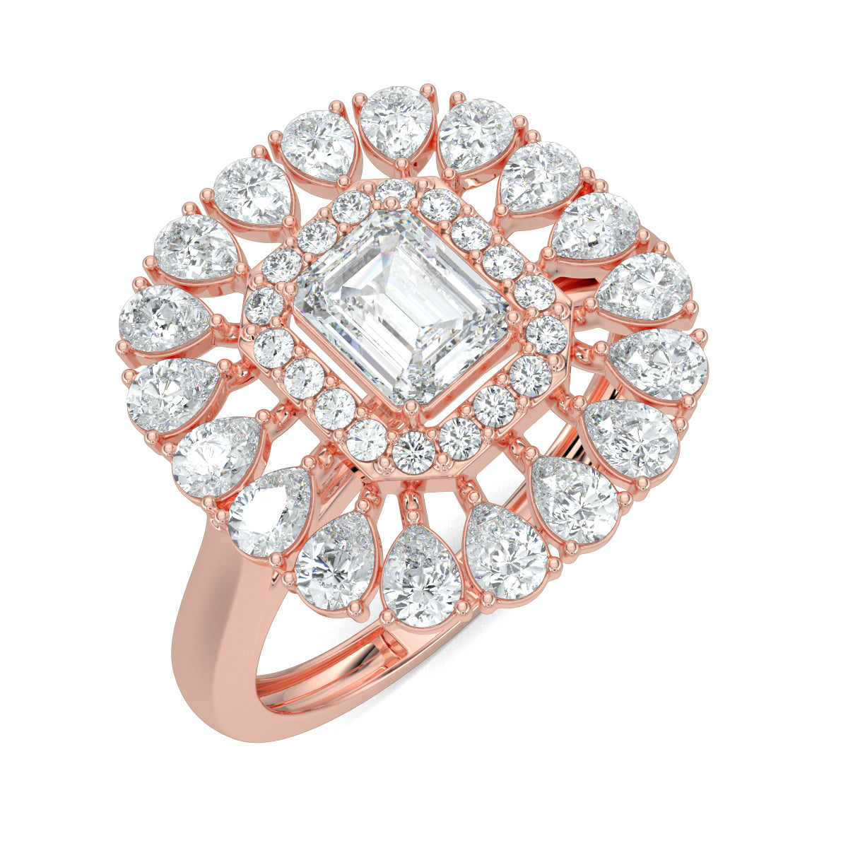 Rose Gold, Diamond Ring, natural diamond ring, lab-grown diamond ring, exquisite diamond ring, emerald shape diamond, round diamond border, pear-shaped diamond accents, elegant jewelry, statement ring, cocktail ring