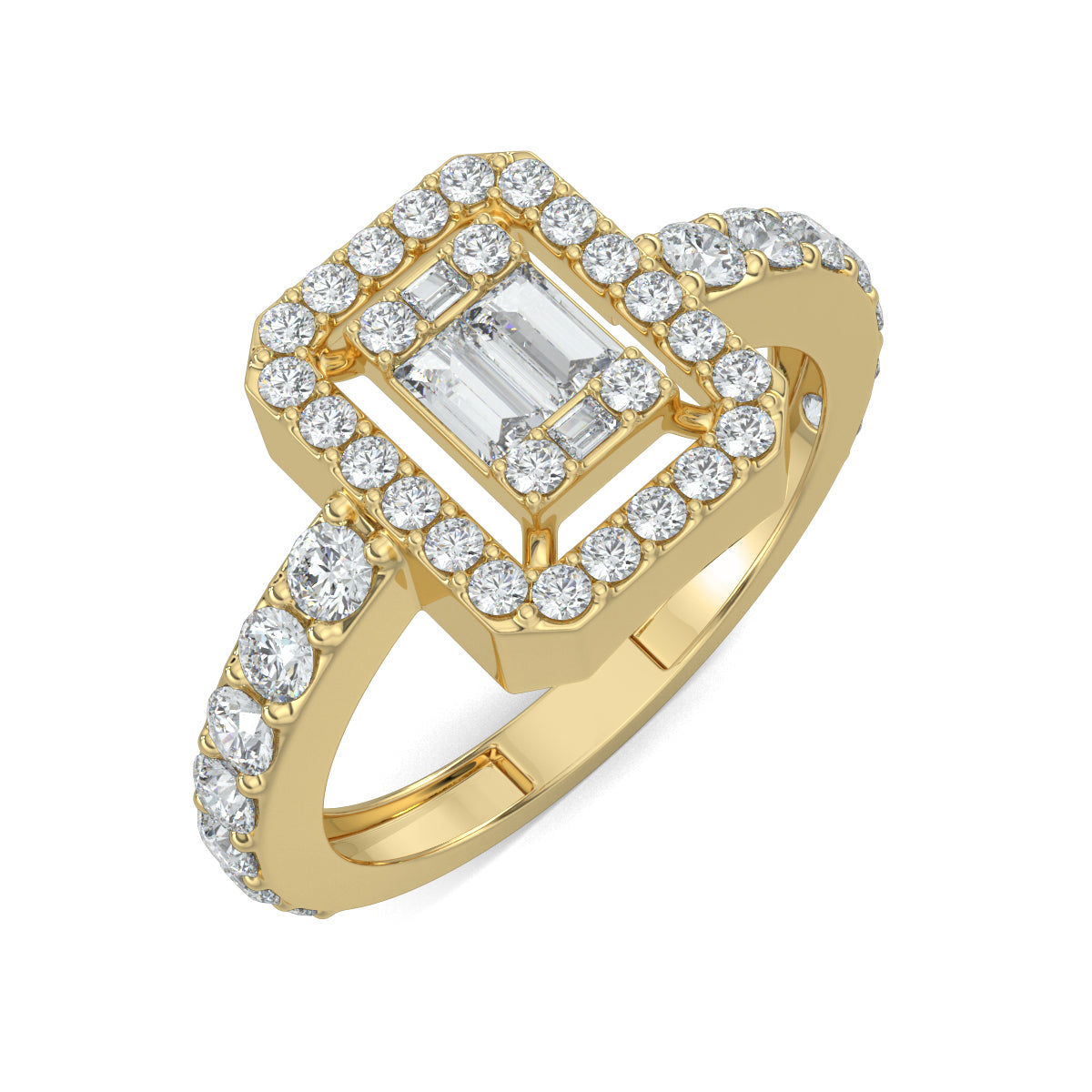 Yellow Gold, Diamond Ring, natural diamond ring, lab-grown diamond ring, Emerald Illusion Diamond Ring, Everyday Ring, Emerald Shape, Round Diamonds, Baguette Diamonds, Pave Setting, Illusion Setting