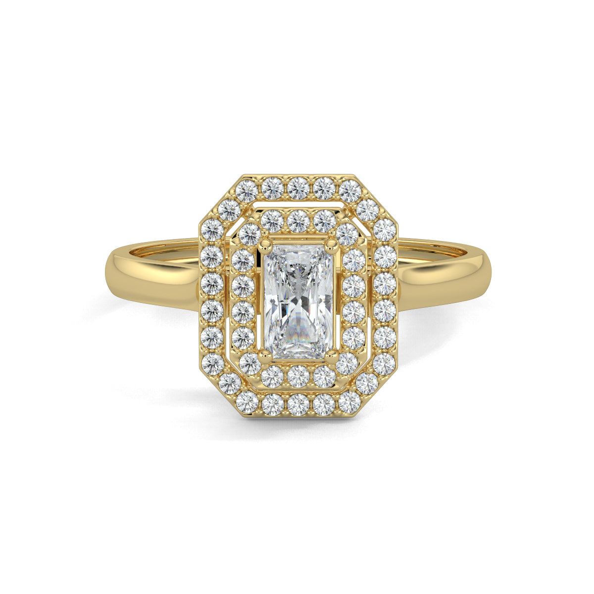 Yellow Gold, Diamond Ring, natural diamond ring, lab-grown diamond ring, Triple Brilliance Diamond Ring, Everyday Diamond Ring, Three-layer Diamond Ring, Emerald Shape, Round Diamonds, Halo Setting