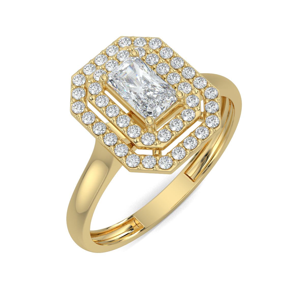 Yellow Gold, Diamond Ring, natural diamond ring, lab-grown diamond ring, Triple Brilliance Diamond Ring, Everyday Diamond Ring, Three-layer Diamond Ring, Emerald Shape, Round Diamonds, Halo Setting