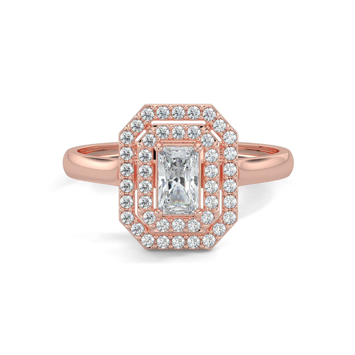 Rose Gold, Diamond Ring, natural diamond ring, lab-grown diamond ring, Triple Brilliance Diamond Ring, Everyday Diamond Ring, Three-layer Diamond Ring, Emerald Shape, Round Diamonds, Halo Setting