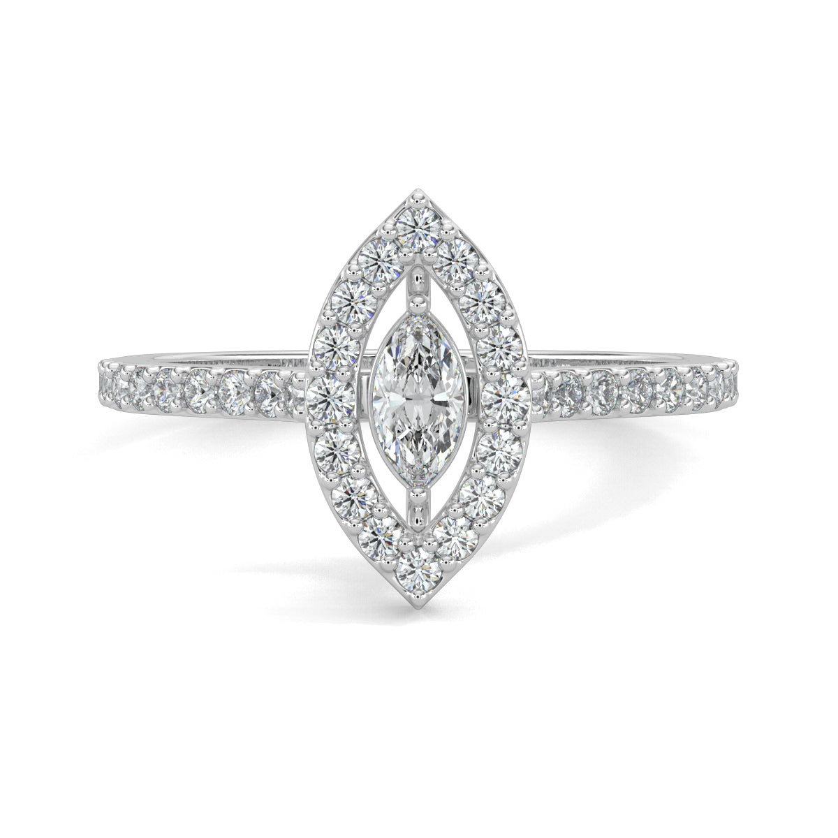 White Gold, Diamond Ring, natural diamond ring, lab-grown diamond ring, Glamourous marquise diamond ring, halo setting, pave-set diamonds, everyday jewelry, marquise shape diamond, sparkling diamond ring