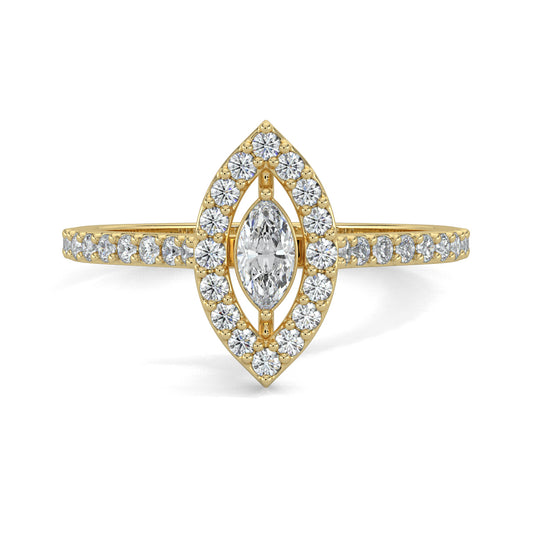 Yellow Gold, Diamond Ring, natural diamond ring, lab-grown diamond ring, Glamourous marquise diamond ring, halo setting, pave-set diamonds, everyday jewelry, marquise shape diamond, sparkling diamond ring