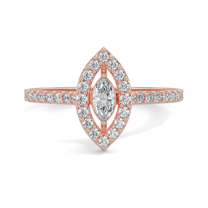 Rose Gold, Diamond Ring, natural diamond ring, lab-grown diamond ring, Glamourous marquise diamond ring, halo setting, pave-set diamonds, everyday jewelry, marquise shape diamond, sparkling diamond ring