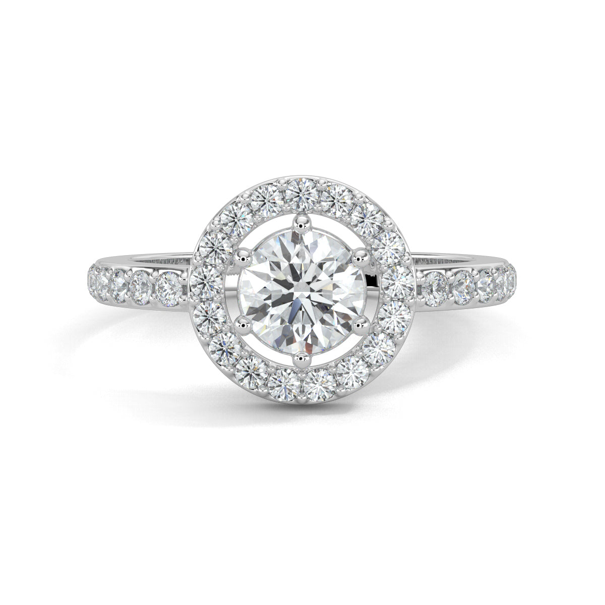 White Gold, Diamond Ring, natural diamond ring, lab-grown diamond ring, Everyday diamond ring, round diamond ring, halo setting, pave-set diamonds, elegant diamond ring, classic jewelry