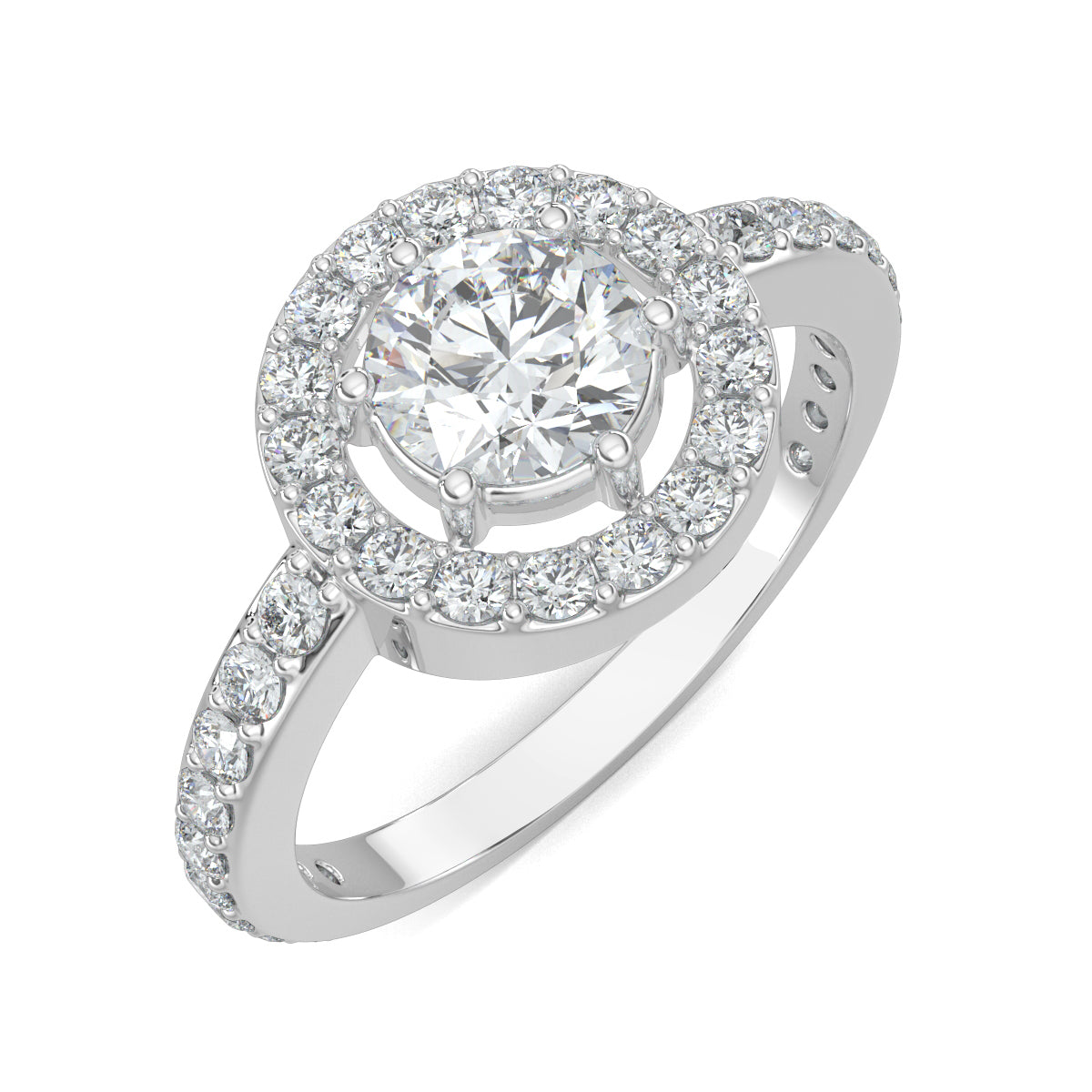 White Gold, Diamond Ring, natural diamond ring, lab-grown diamond ring, Everyday diamond ring, round diamond ring, halo setting, pave-set diamonds, elegant diamond ring, classic jewelry