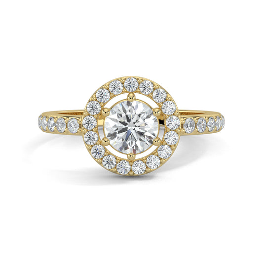 Yellow Gold, Diamond Ring, natural diamond ring, lab-grown diamond ring, Everyday diamond ring, round diamond ring, halo setting, pave-set diamonds, elegant diamond ring, classic jewelry