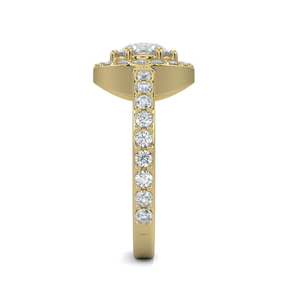 Yellow Gold, Diamond Ring, natural diamond ring, lab-grown diamond ring, Everyday diamond ring, round diamond ring, halo setting, pave-set diamonds, elegant diamond ring, classic jewelry