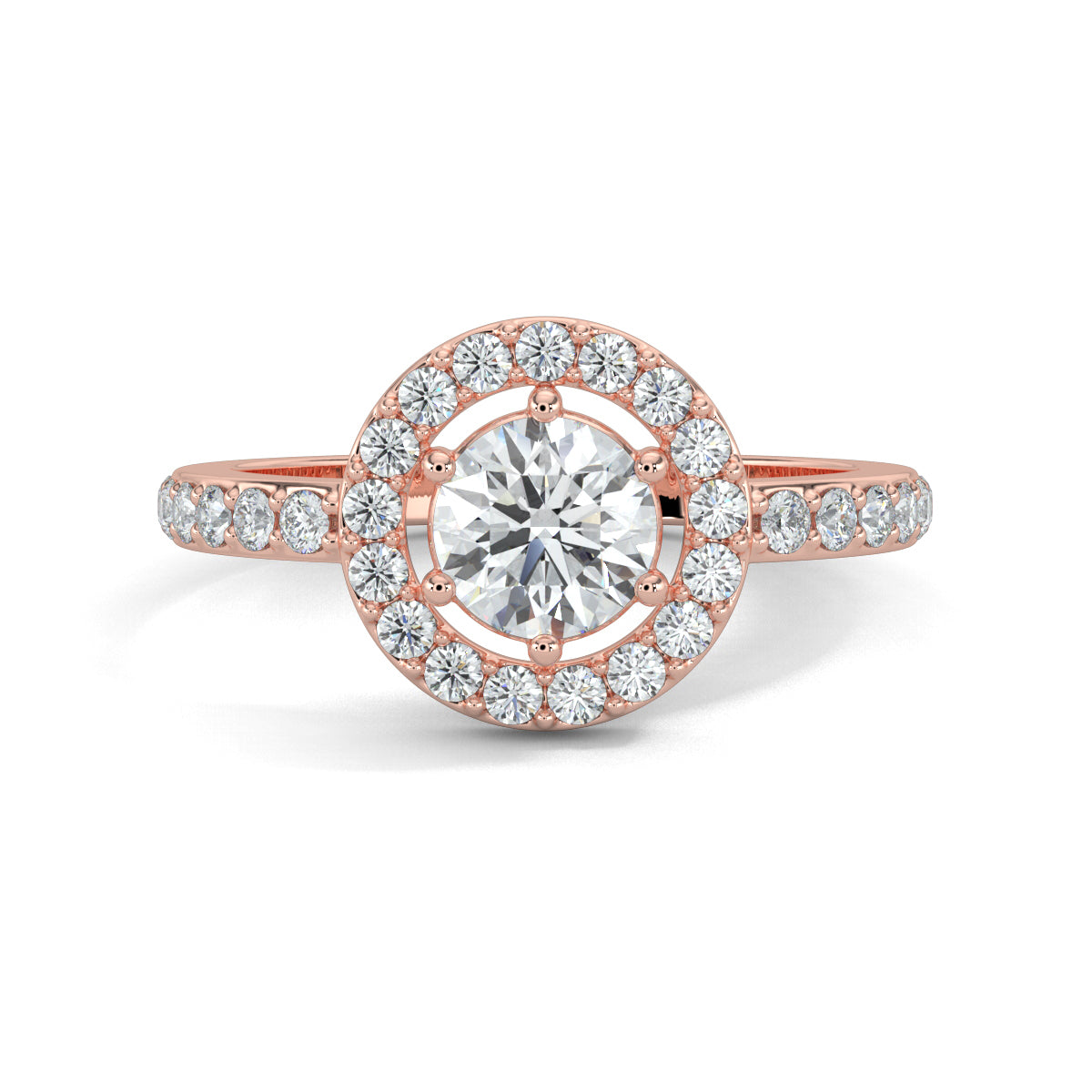 Rose Gold, Diamond Ring, natural diamond ring, lab-grown diamond ring, Everyday diamond ring, round diamond ring, halo setting, pave-set diamonds, elegant diamond ring, classic jewelry
