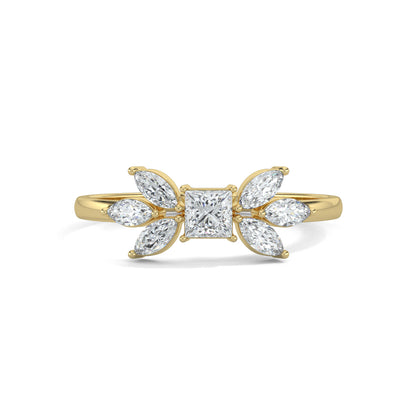 Yellow Gold, Diamond Ring, Natural diamonds, lab-grown diamonds, princess cut diamond, marquise diamonds, everyday ring, classic band, elegance, sophistication, luxury jewelry